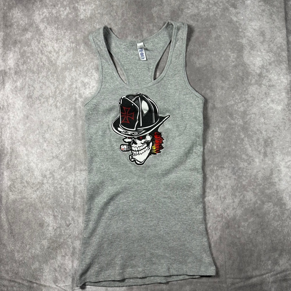Bella Women L Gray Ribbed Racerback Tank Top Skull Firefighter Gatekeepers Biker